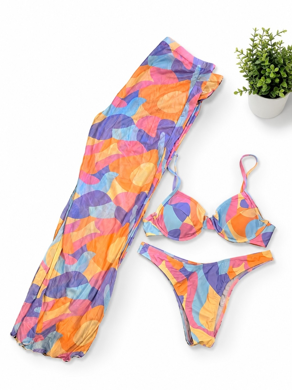 Colorful Abstract 3-Piece Bikini Set With Mesh Coverup Pants